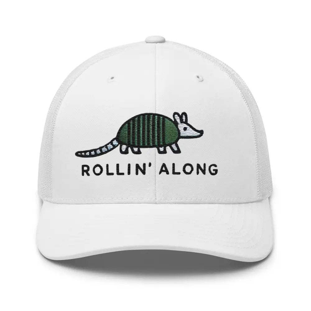 White embroidered armadillo Rollin Along trucker hat – adjustable mesh back cap