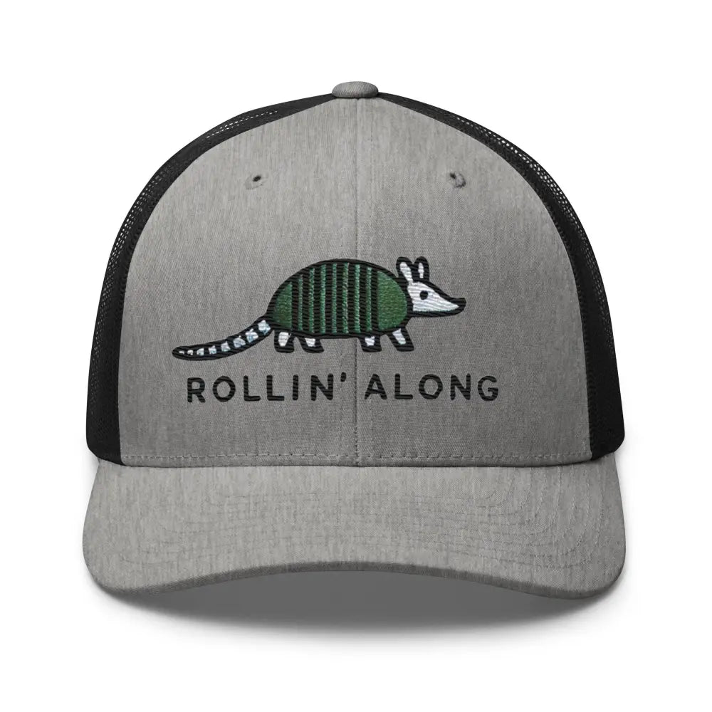 Heather grey black embroidered armadillo Rollin Along trucker cap – adjustable mesh hat