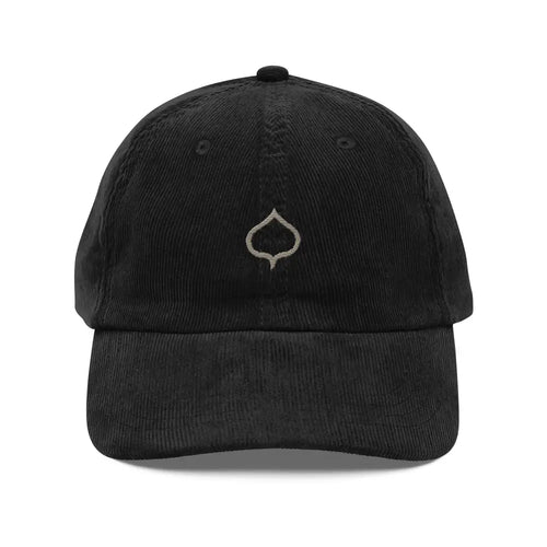 Vintage corduroy cap with embroidered aspen leaf and white spade logo by Trini Skies