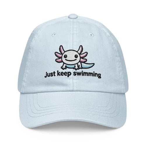 Pastel blue embroidered axolotl Just Keep Swimming baseball hat – adjustable cotton cap