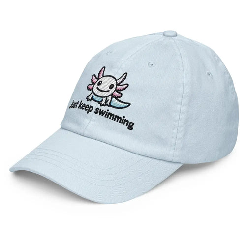 Light blue embroidered axolotl Just Keep Swimming pastel hat – adjustable cotton cap