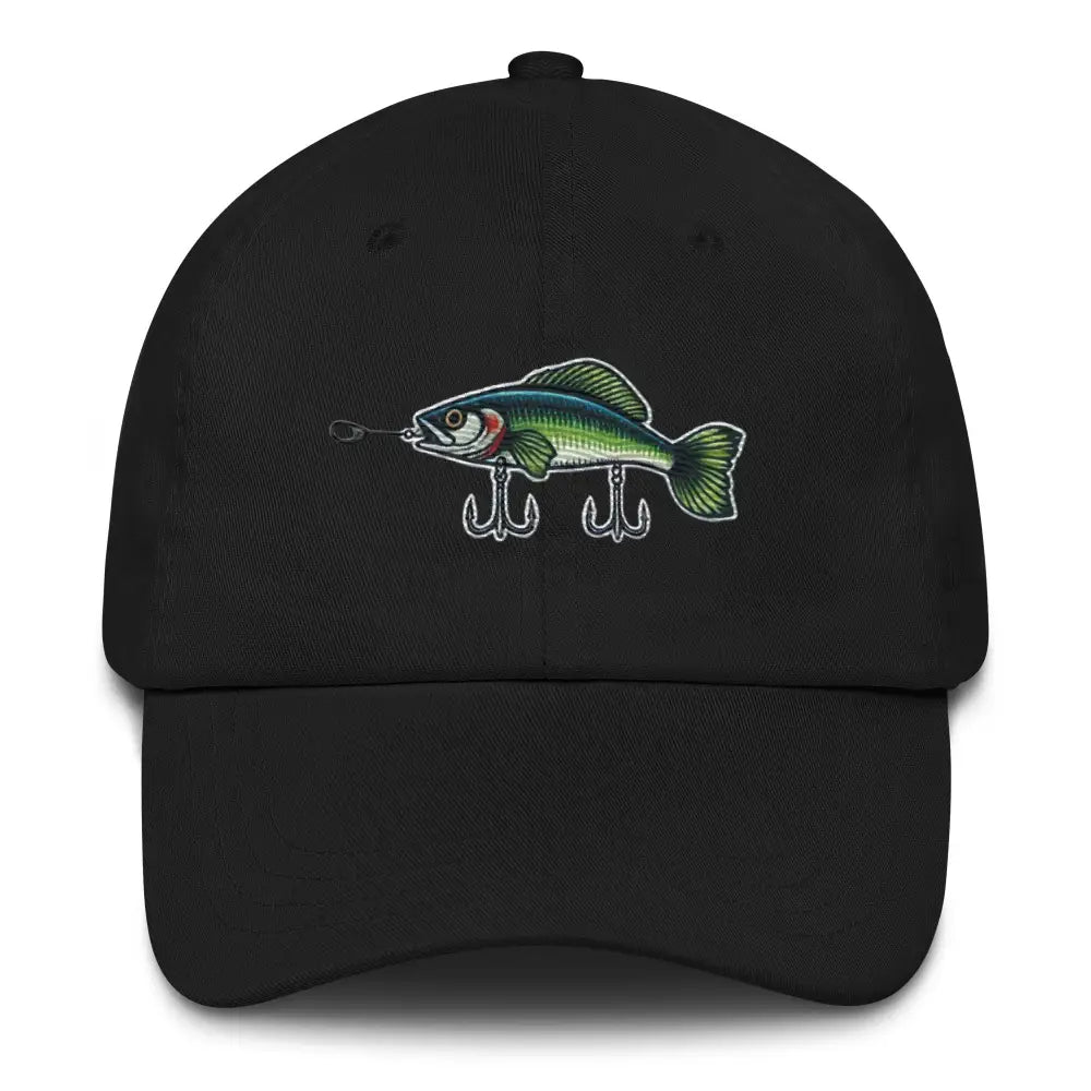 Black embroidered fishing hat in chino cotton twill with fish lure design