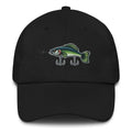 Black embroidered fishing hat in chino cotton twill with fish lure design