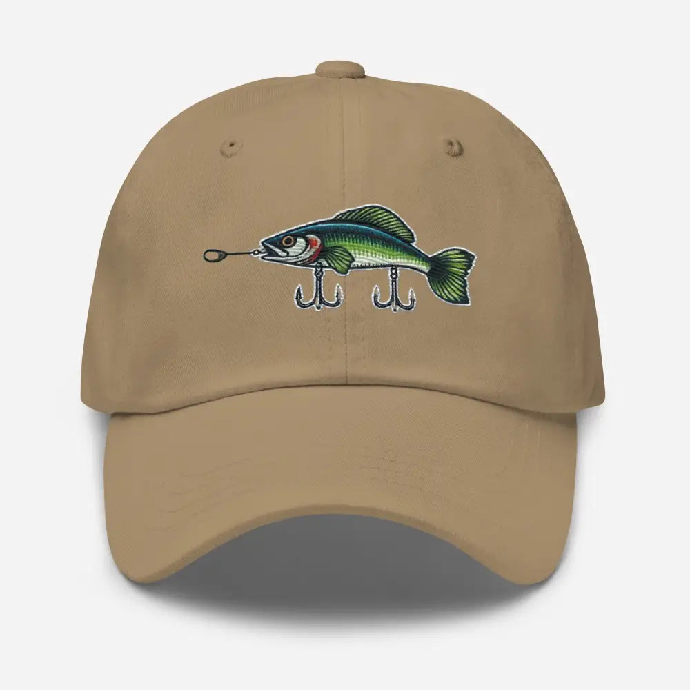 Khaki embroidered fishing hat with fish lure design in chino cotton twill