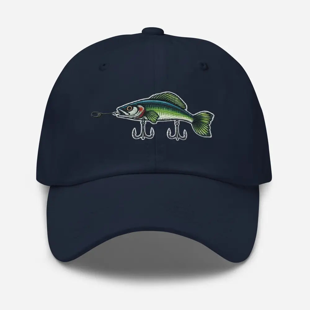 Navy blue embroidered fishing hat with fish lure on chino cotton twill baseball cap