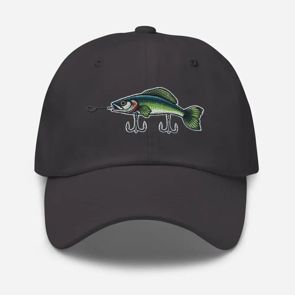 Dark gray Trini Skies embroidered fishing hat with lure design