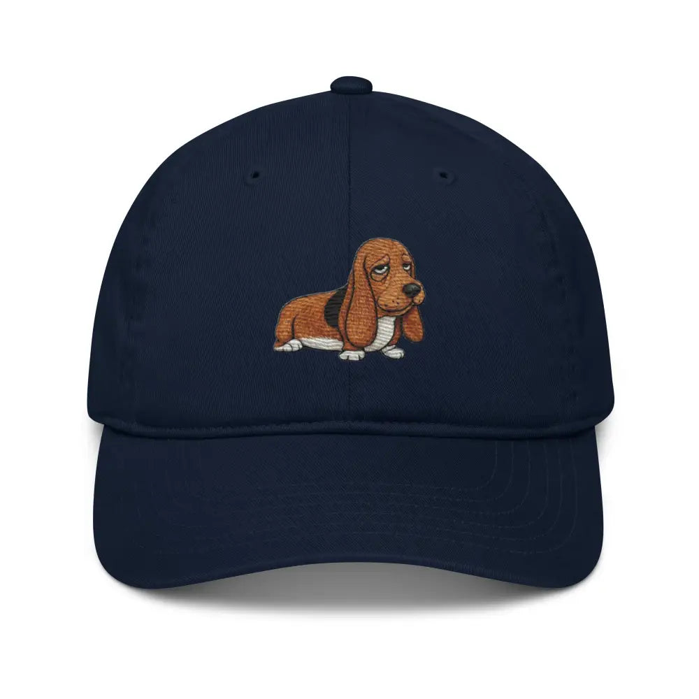 Trini Skies organic dad hat with embroidered basset hound in navy blue
