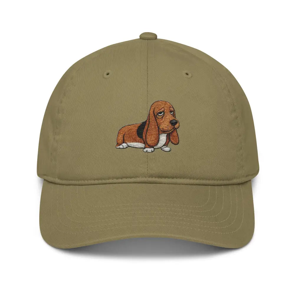 Trini Skies organic dad hat with embroidered basset hound
