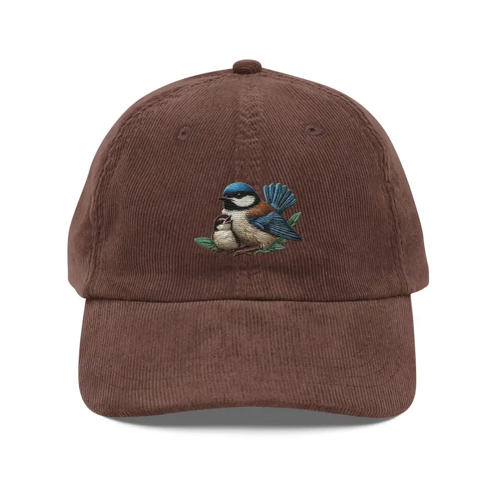 Brown vintage corduroy cap with embroidered bird and adjustable gold buckle