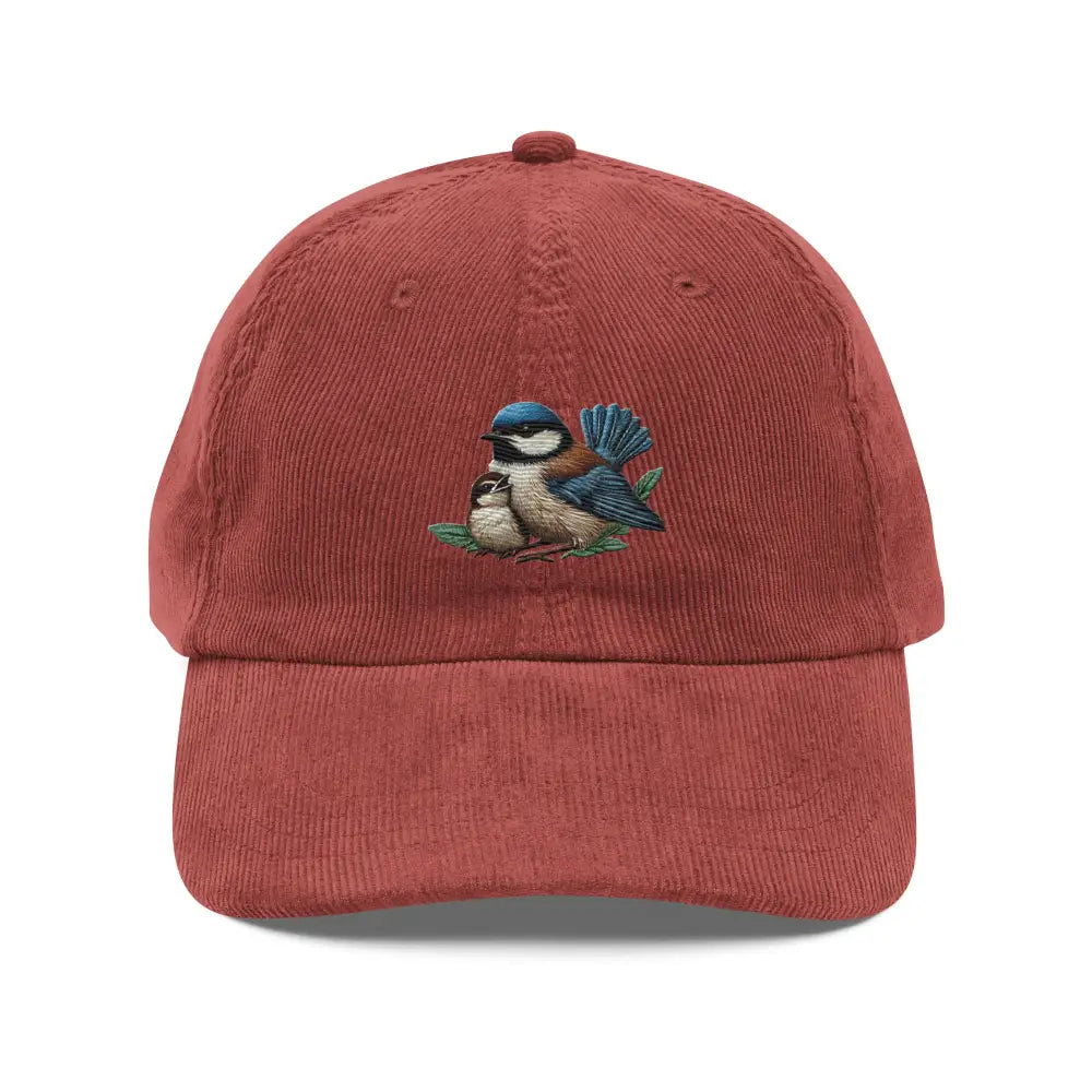 Red vintage corduroy cap with embroidered bird and adjustable gold buckle