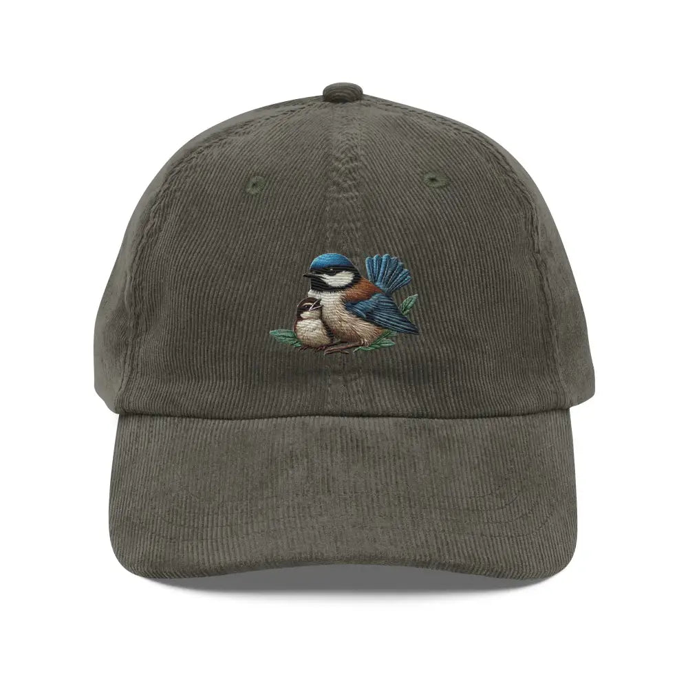 Olive green vintage corduroy cap with embroidered bird and adjustable gold buckle