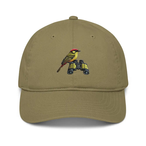 Embroidered Bird Watcher Cotton Dad Hat in Khaki with Bird and Binoculars