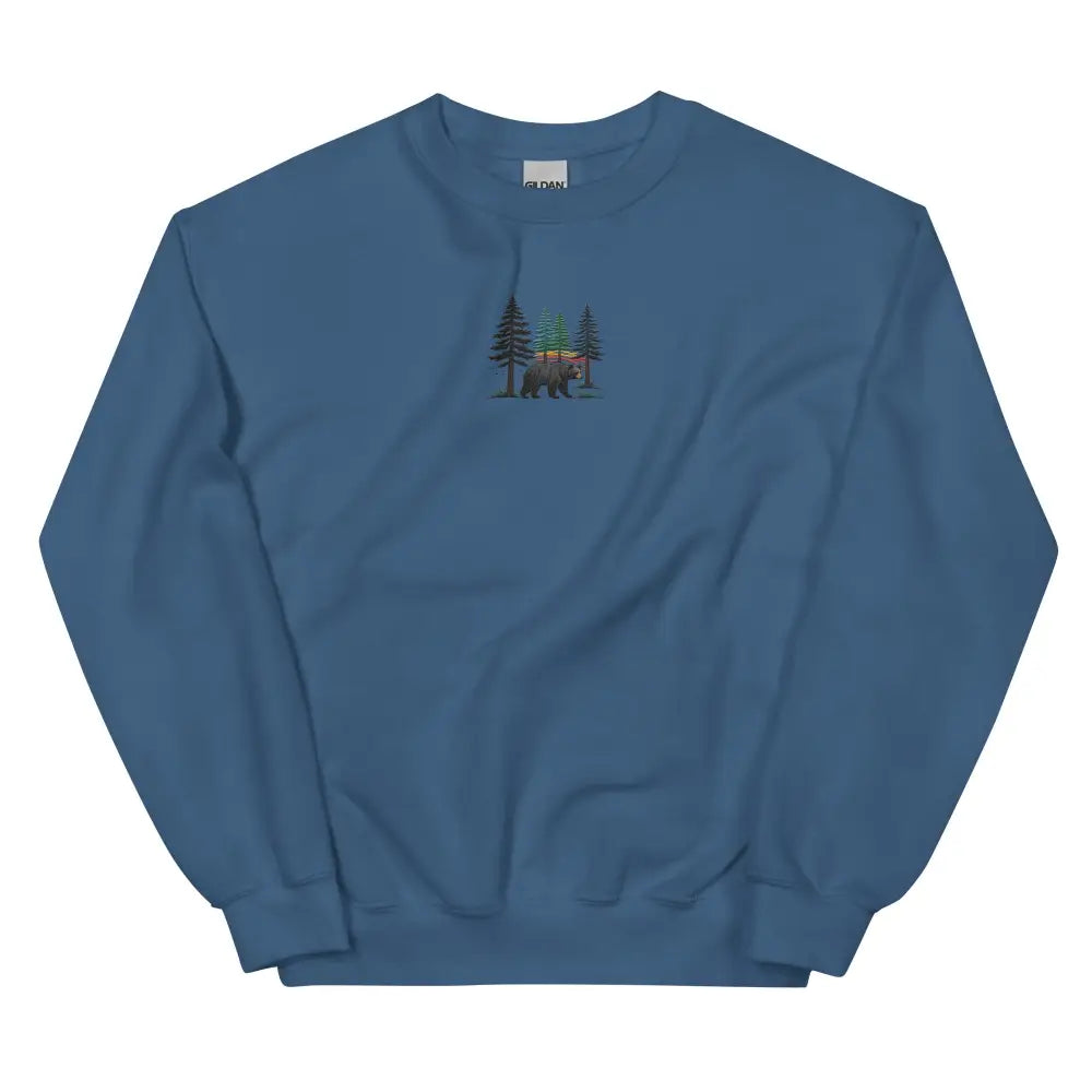 Olive green embroidered pine tree forest sweatshirt with bear graphic