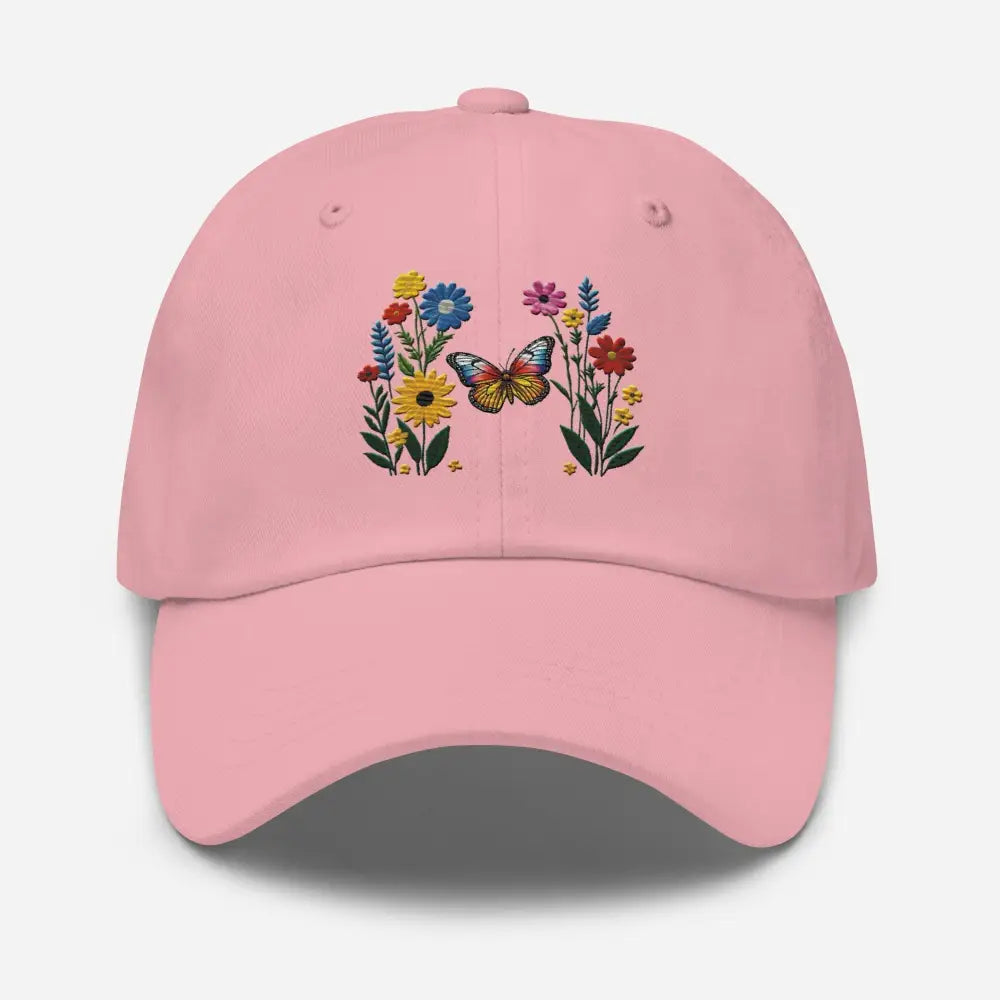 Pink embroidered butterfly flower dad hat – adjustable cotton nature cap for women