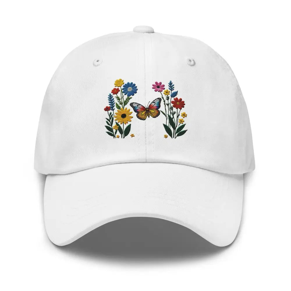 White embroidered butterfly flower dad hat – adjustable cotton nature cap for women