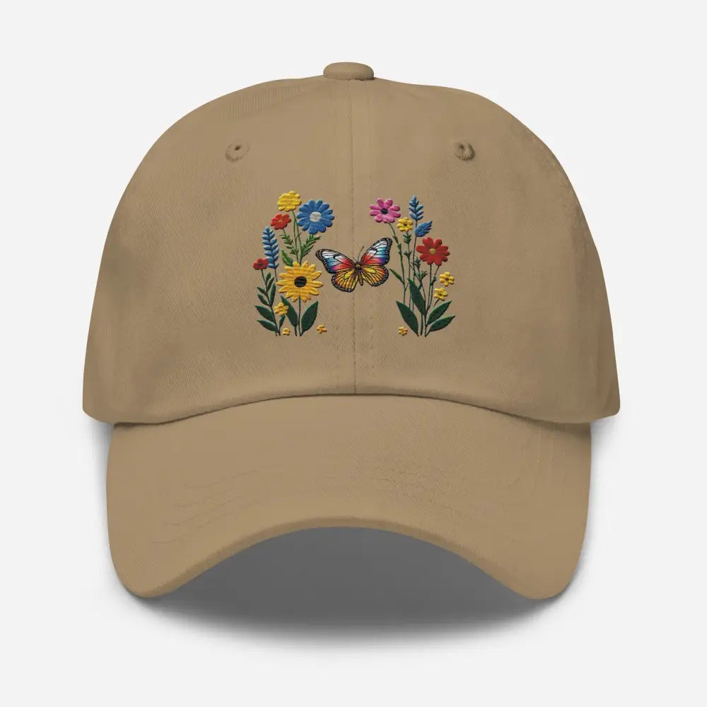 Khaki embroidered butterfly flower nature dad hat – adjustable cotton baseball cap