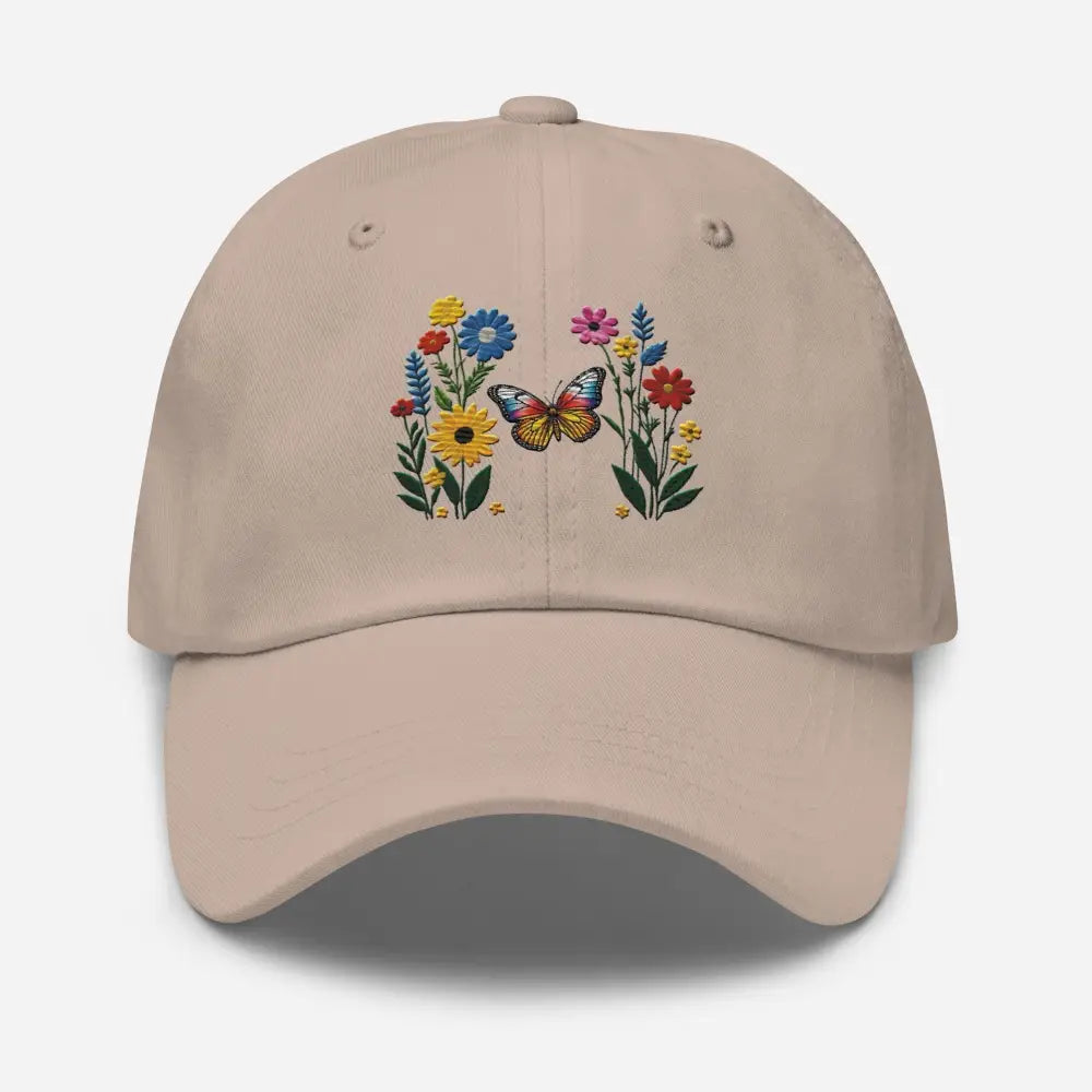 Stone embroidered butterfly flower dad hat – adjustable cotton nature cap