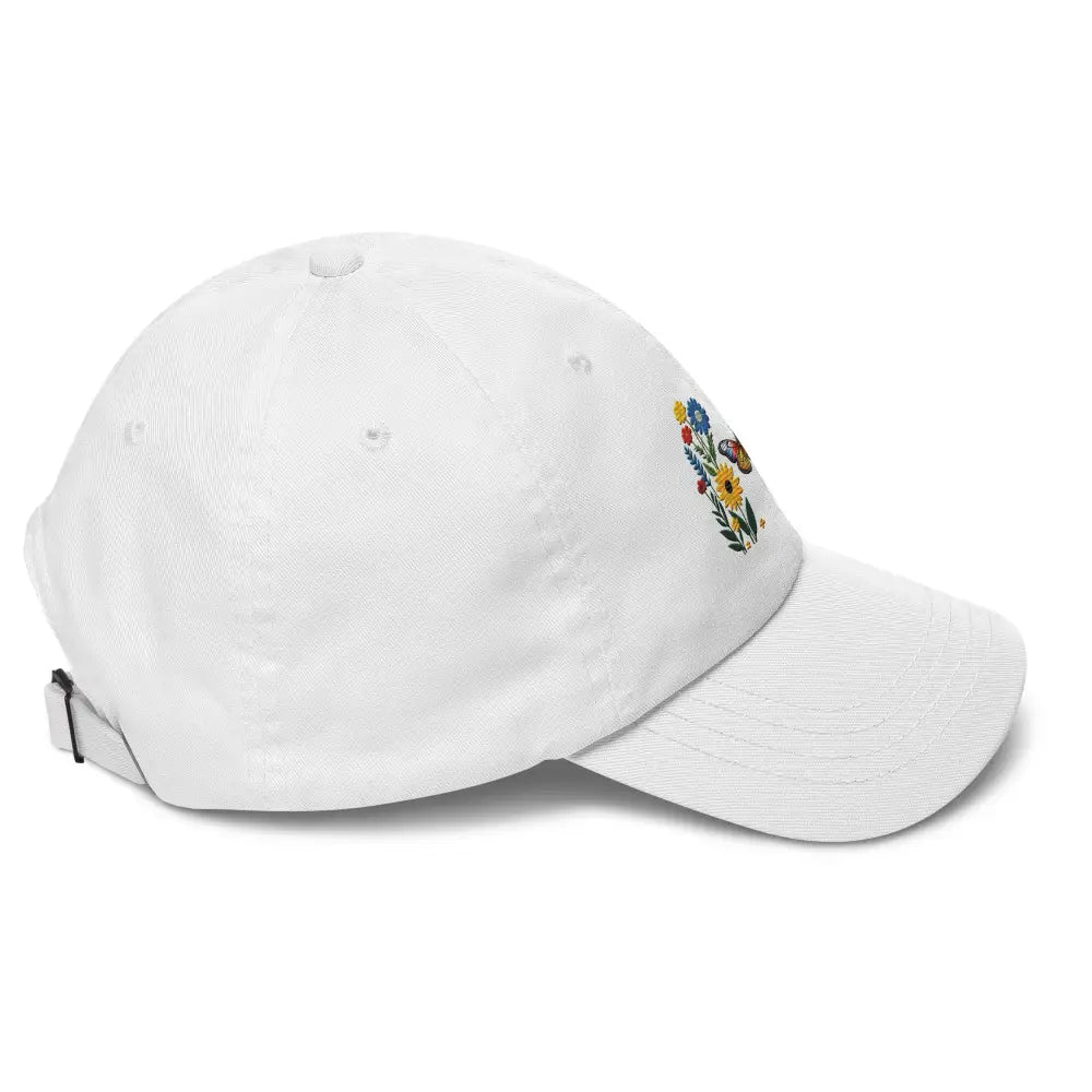 White embroidered butterfly flower nature hat side view – adjustable cotton cap