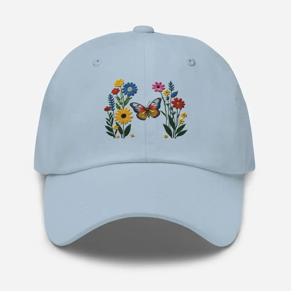 Light blue embroidered butterfly flower dad hat – adjustable cotton nature cap