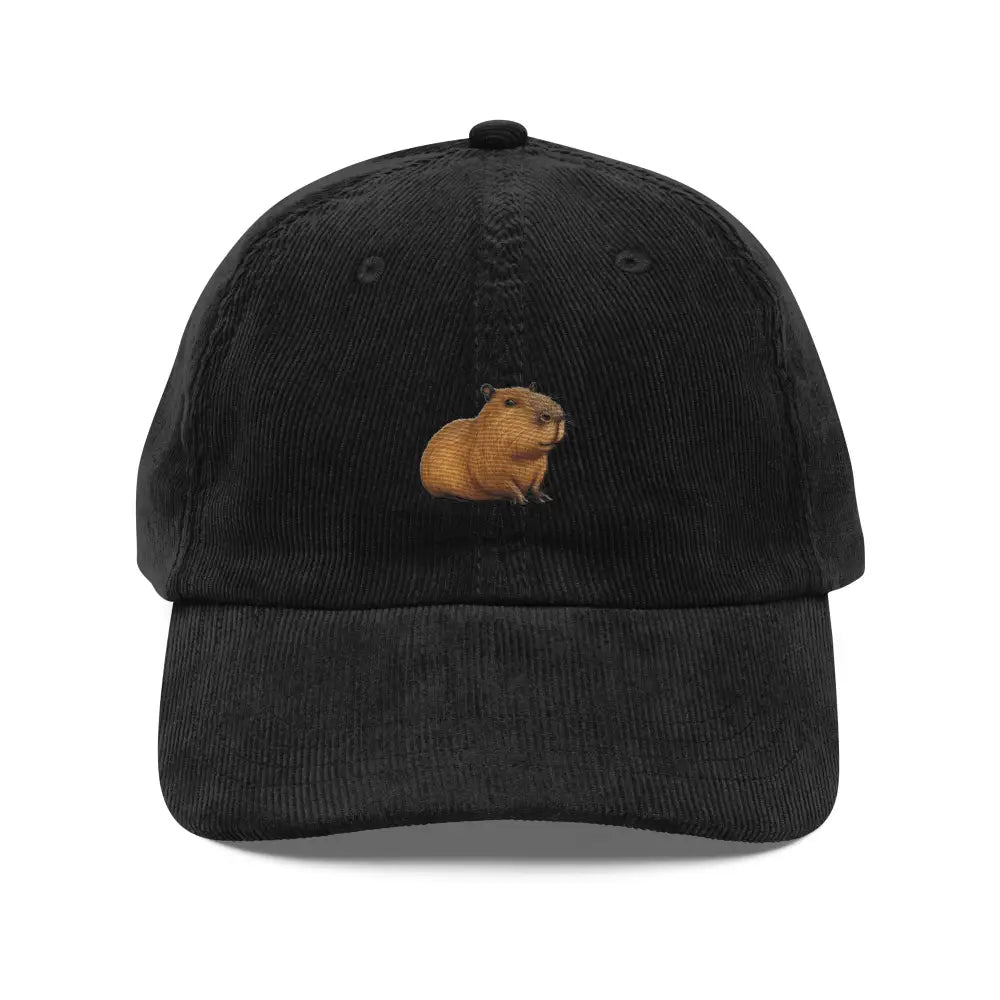 Black embroidered capybara corduroy dad hat by Trini Skies for animal lovers