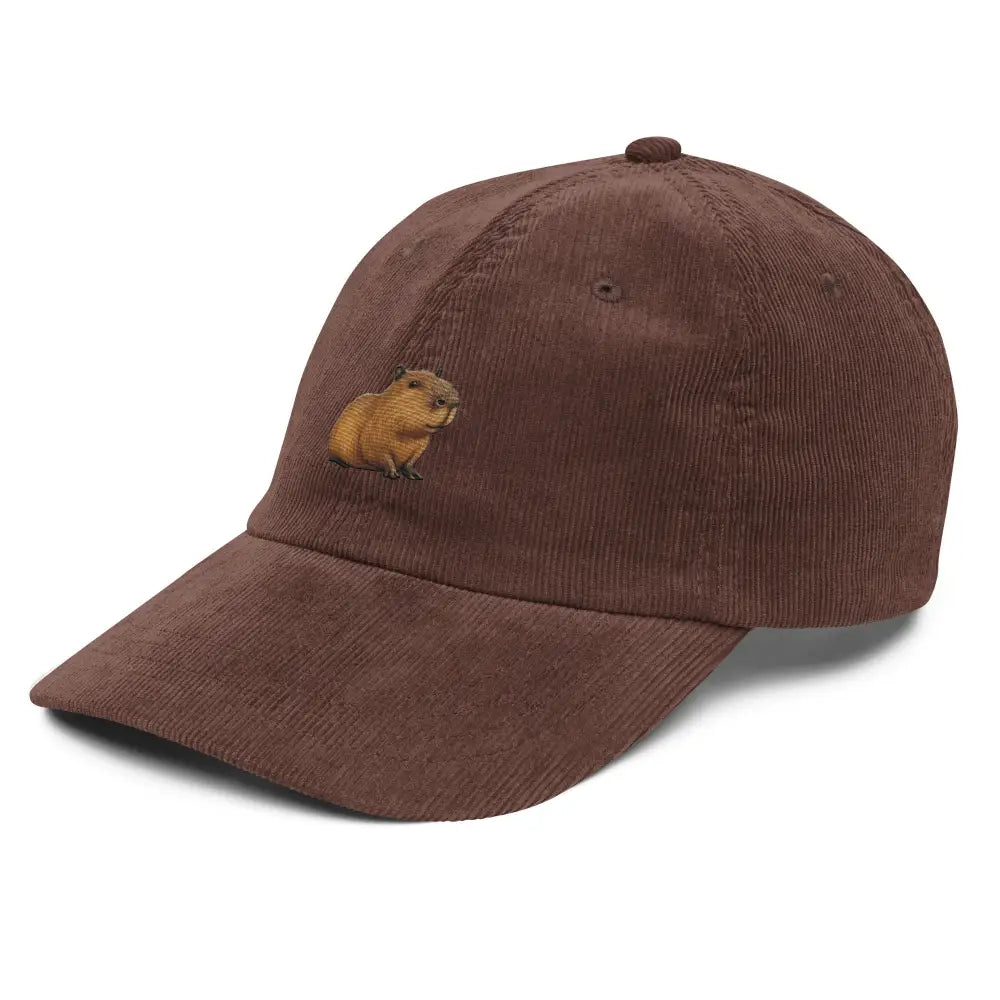 Brown embroidered capybara corduroy cap by Trini Skies for animal lovers