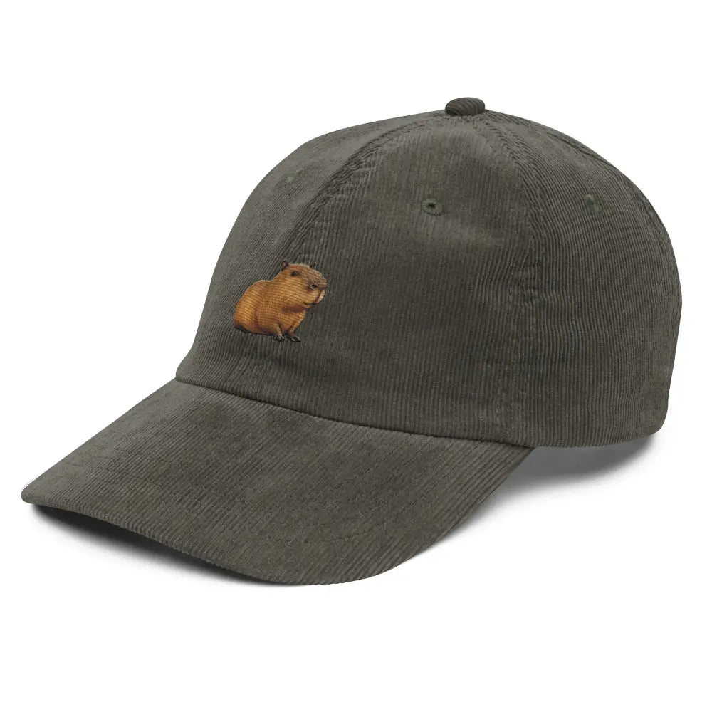 Olive green embroidered capybara corduroy cap by Trini Skies for animal lovers