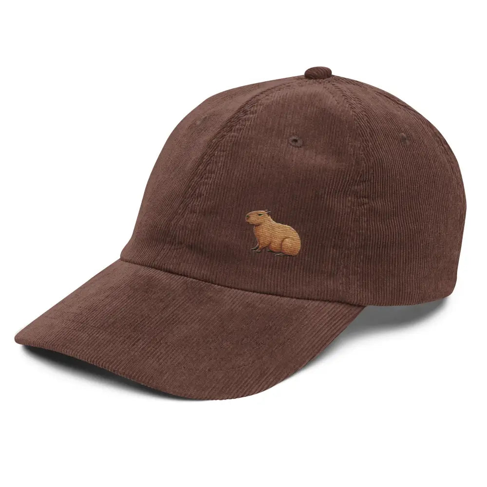 Brown corduroy dad hat with embroidered capybara by Trini Skies