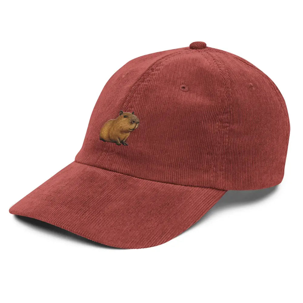 Red embroidered capybara corduroy cap by Trini Skies for animal lovers