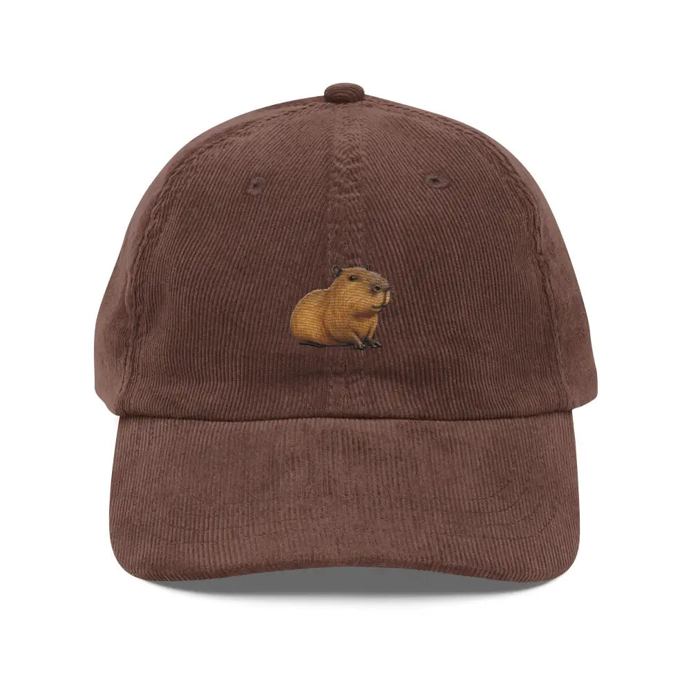 Brown embroidered capybara corduroy cap by Trini Skies for animal lovers