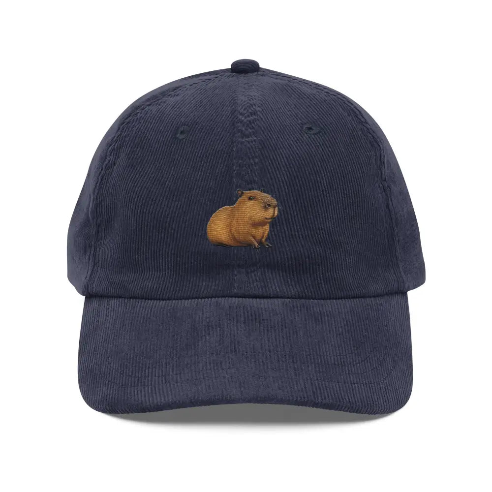 Navy blue embroidered capybara corduroy cap by Trini Skies for animal lovers