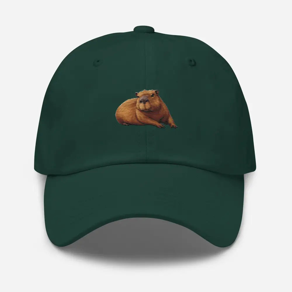 Dark green embroidered capybara dad hat by Trini Skies