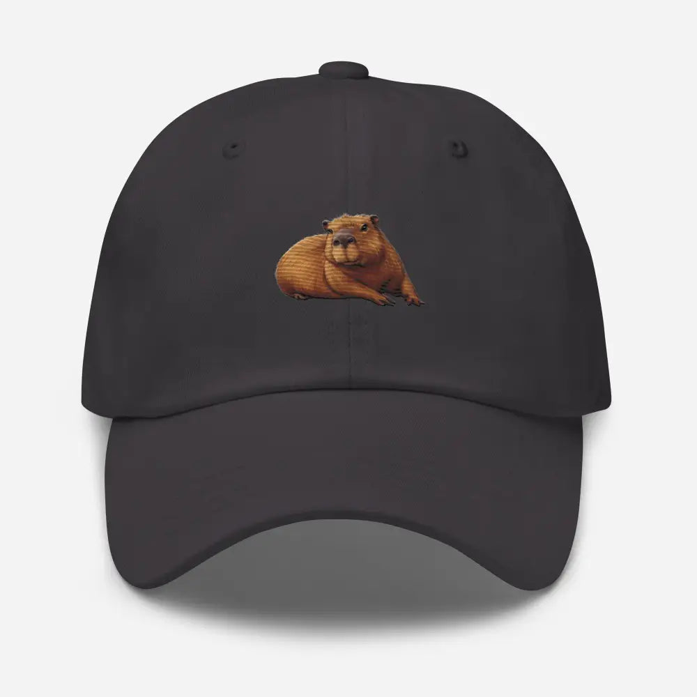 Dark gray embroidered capybara dad hat from Trini Skies