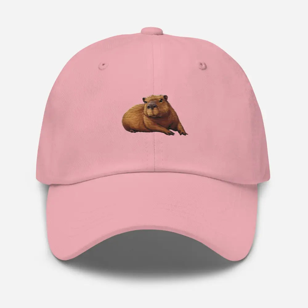 Pink embroidered capybara dad hat by Trini Skies