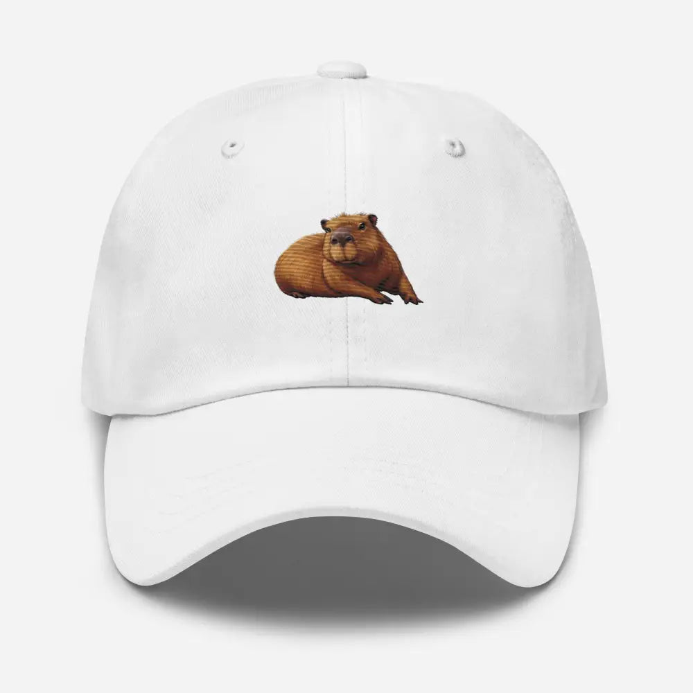 White embroidered capybara dad hat by Trini Skies