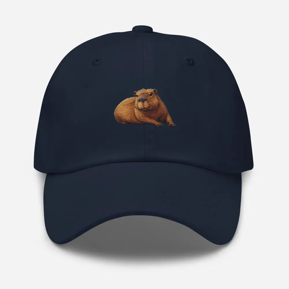 Dark blue embroidered capybara dad hat by Trini Skies