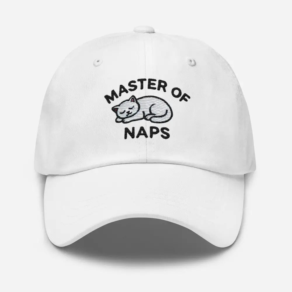 White embroidered Master of Naps sleeping cat dad hat – funny adjustable baseball cap