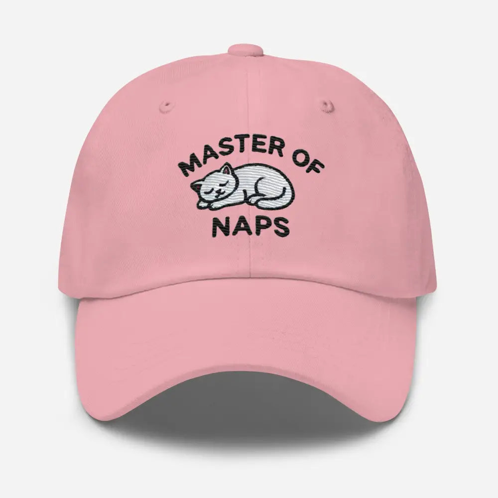 Pink embroidered Master of Naps sleeping cat dad hat – funny adjustable cap for women