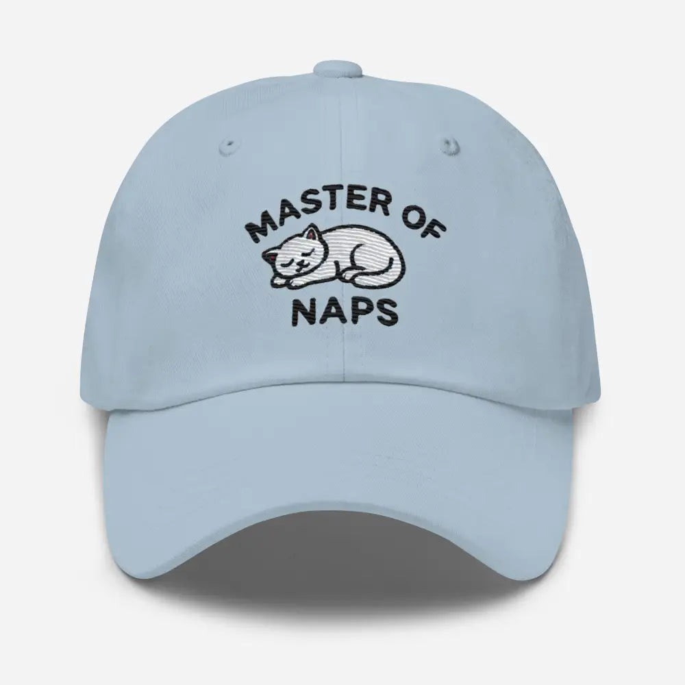 Light blue embroidered Master of Naps sleeping cat hat – funny adjustable baseball cap