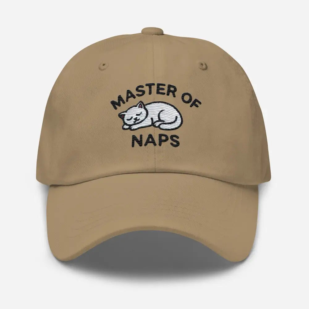 Khaki embroidered Master of Naps sleeping cat dad hat – funny adjustable cotton cap