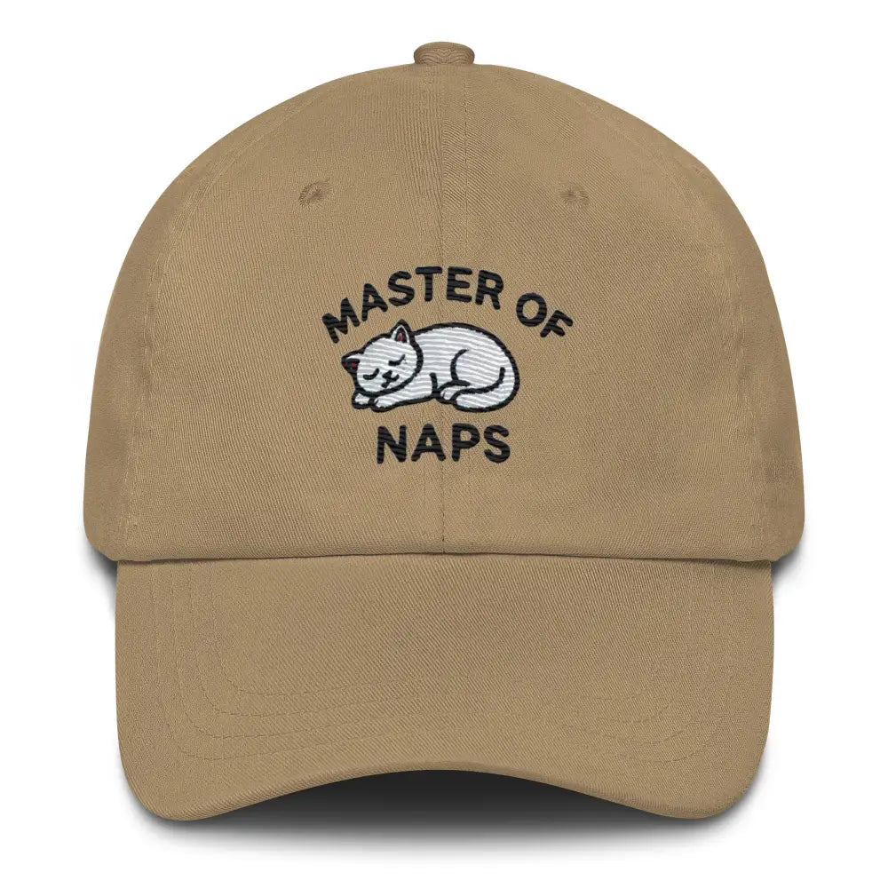Beige embroidered Master of Naps sleeping cat dad hat – funny adjustable baseball cap