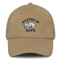 Beige embroidered Master of Naps sleeping cat dad hat – funny adjustable baseball cap