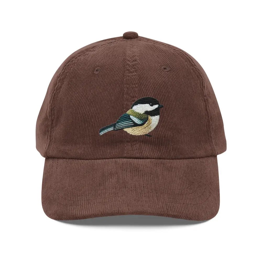 Embroidered chickadee vintage corduroy cap with brown fabric