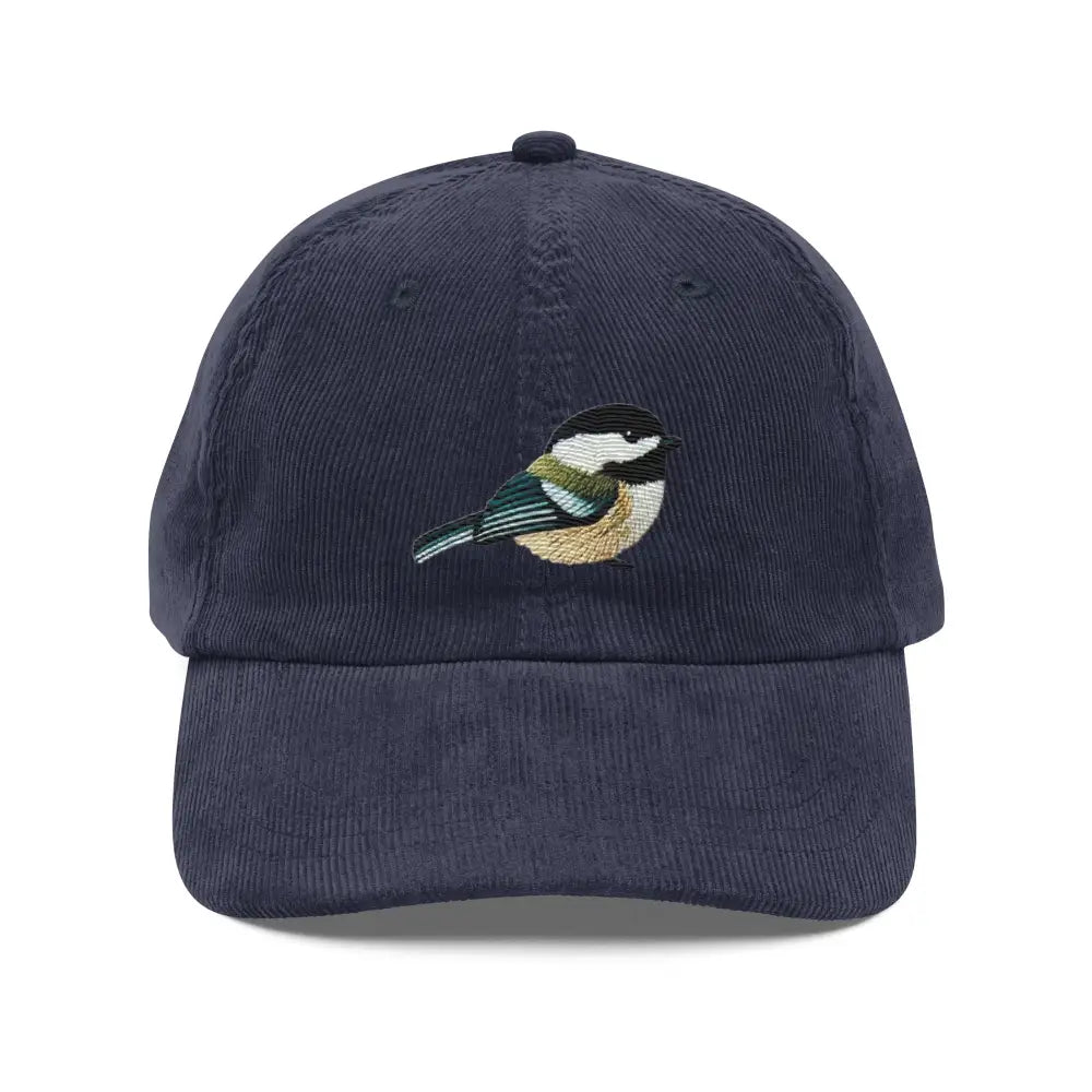 Embroidered chickadee vintage navy blue corduroy baseball cap by Trini Skies