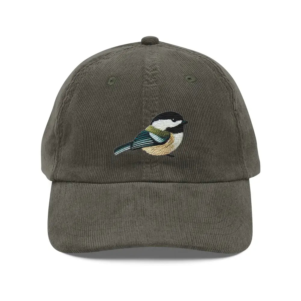 Embroidered chickadee vintage corduroy baseball cap in dark olive green