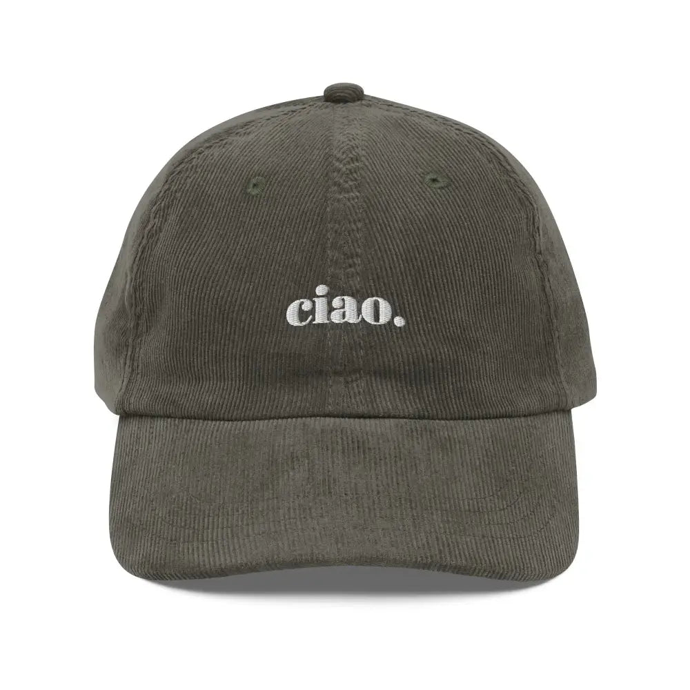 Trini Skies embroidered ciao vintage corduroy cap in olive green