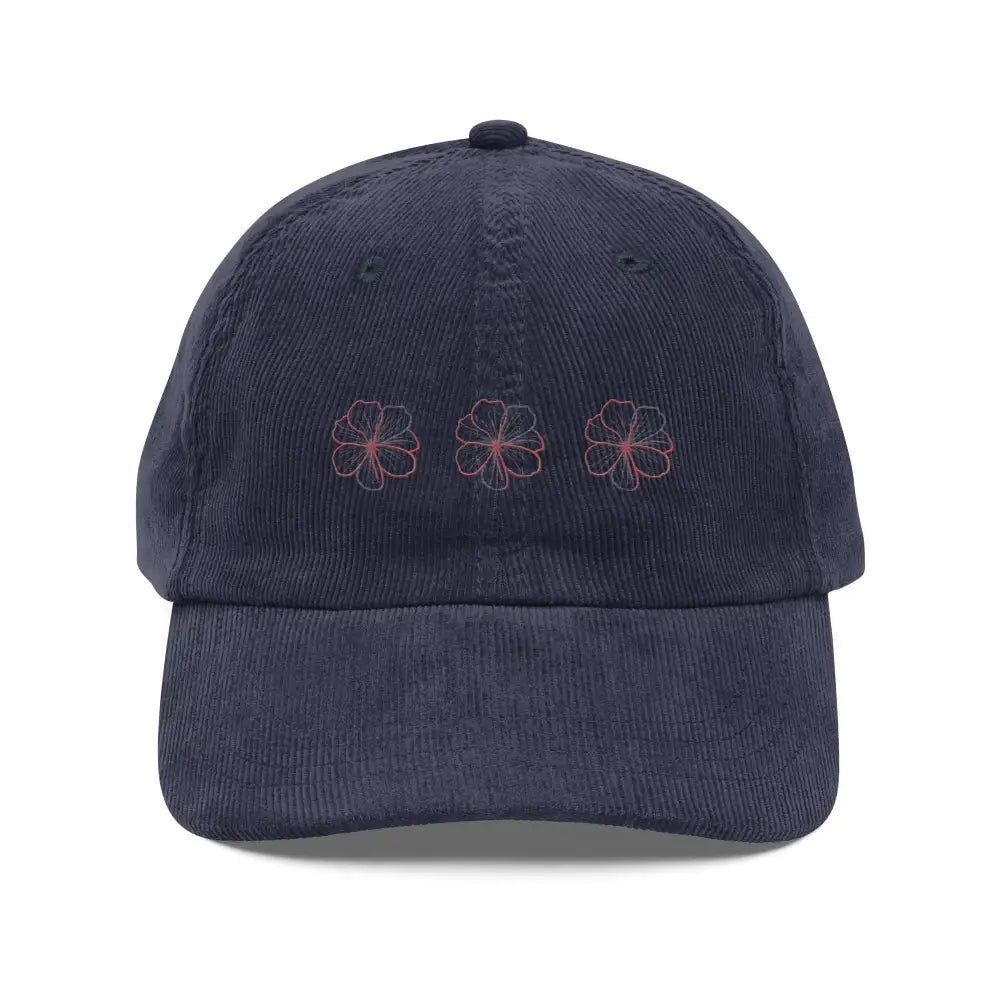 Navy blue hibiscus vintage corduroy cap with embroidered colorful hibiscus by Trini Skies