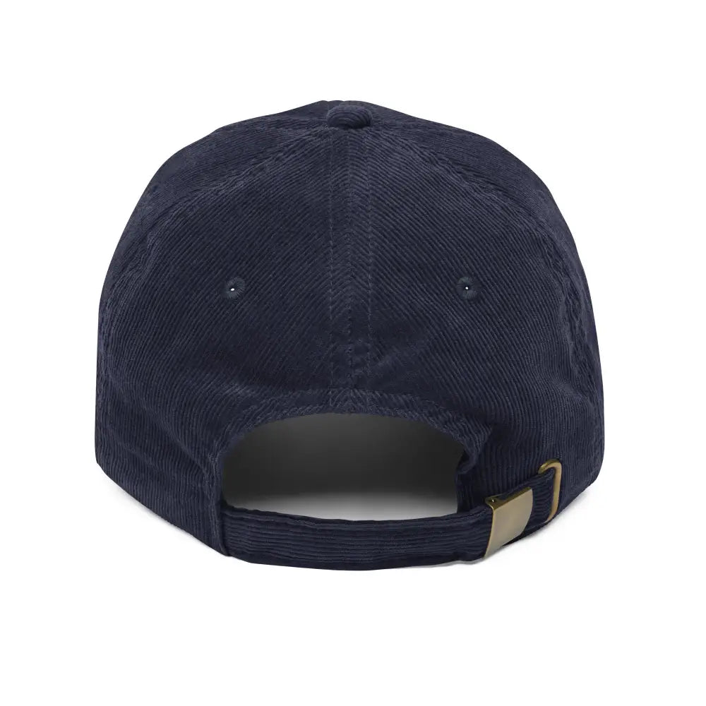 Dark blue hibiscus vintage corduroy cap by Trini Skies with bronze buckle