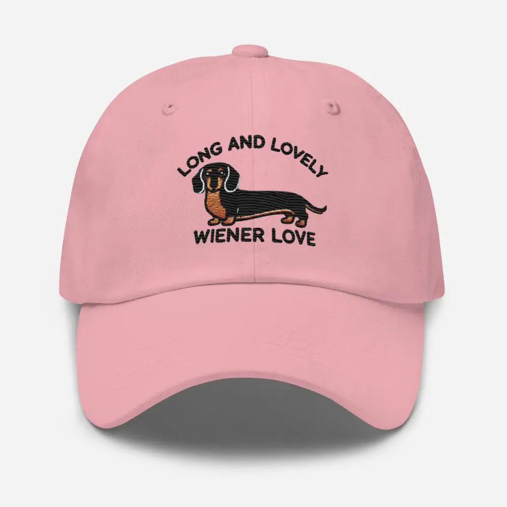 Pink embroidered dachshund Long and Lovely Weiner hat – chino cotton twill cap for women