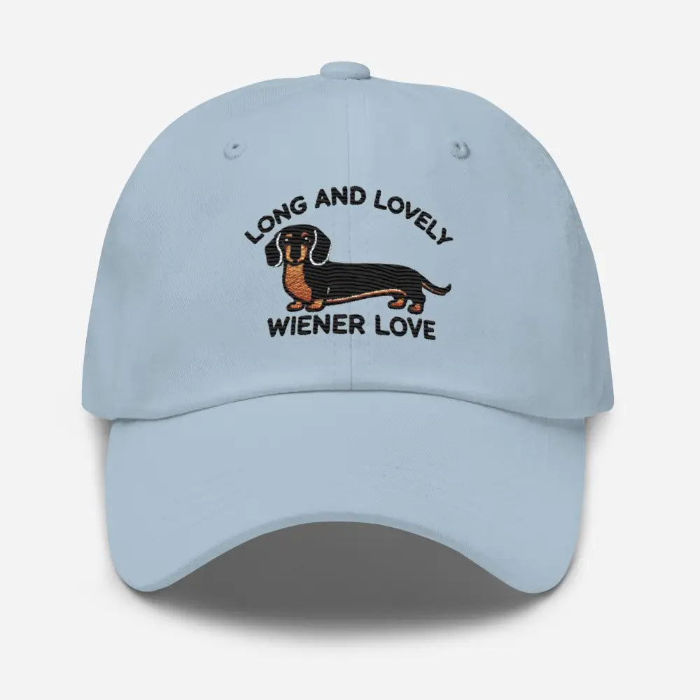 Light blue embroidered dachshund Long and Lovely Weiner hat – chino cotton twill dog cap