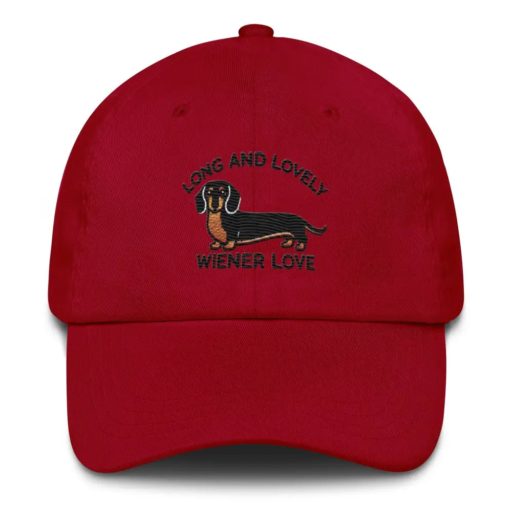Cranberry embroidered dachshund Long and Lovely Weiner dad hat – chino cotton twill dog lover cap